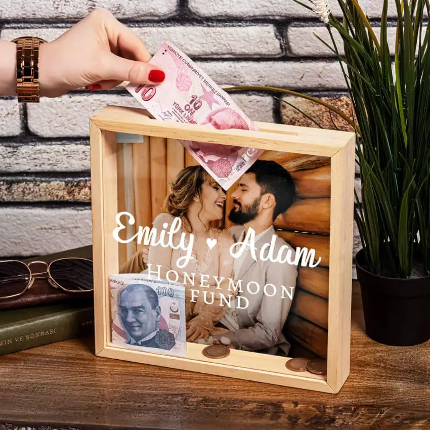 Honeymoon Fund Personalized Money Box by austero on Etsy - 40+ Best honeymoon gift ideas for the wedding couple - The Wedding Club
