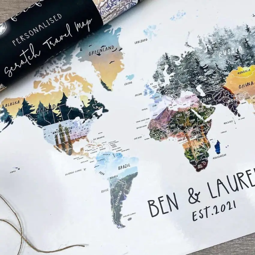 Personalised Scratch Off Map by FirefliesUK on Etsy - 40+ Best honeymoon gift ideas for the wedding couple - The Wedding Club
