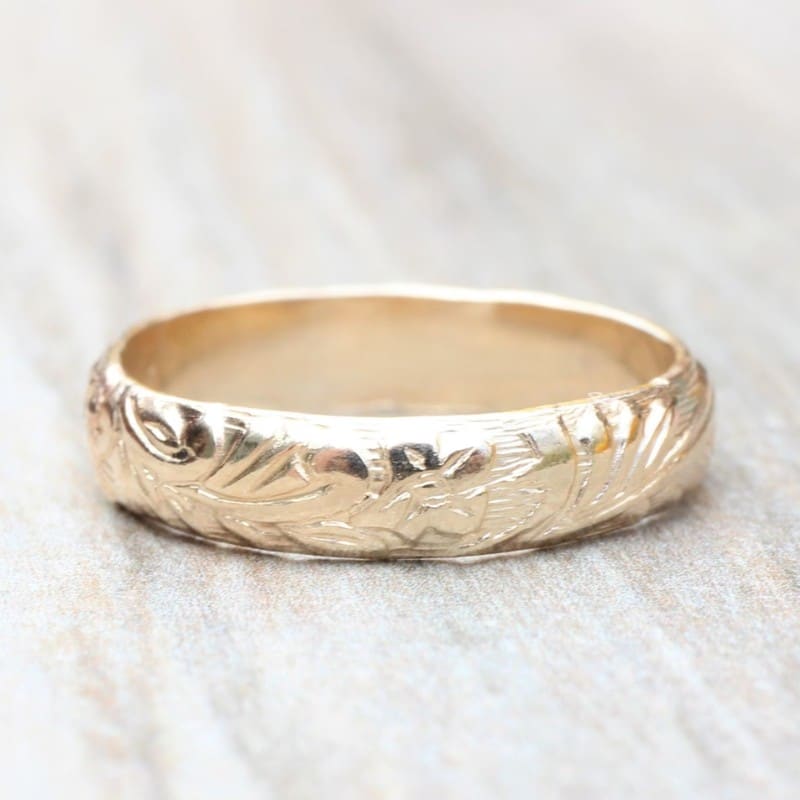 Gold Floral Patterned Band by LyndyLouDesigns on Etsy - How to Choose the Perfect Floral Pattern Wedding Band - The Wedding Club
